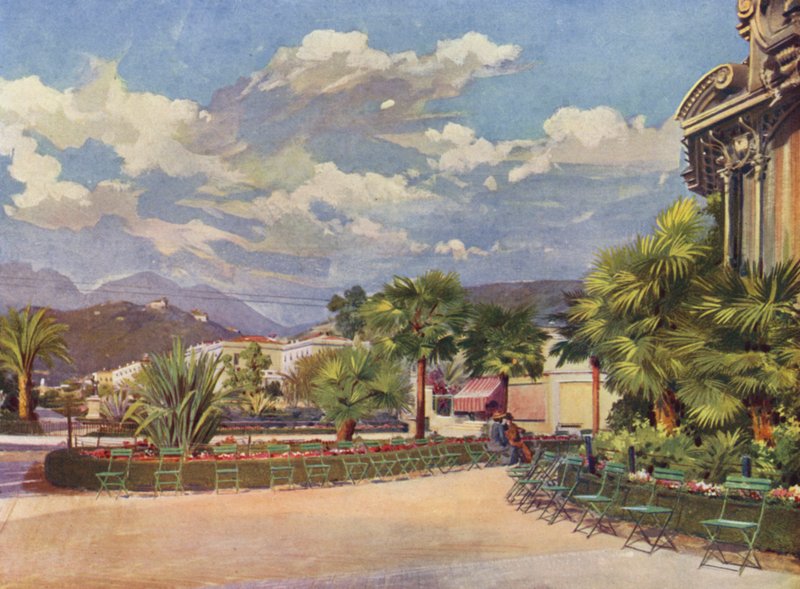 Mentone, Il chiosco della musica e il nuovo giardino (litografia a colori) da European School