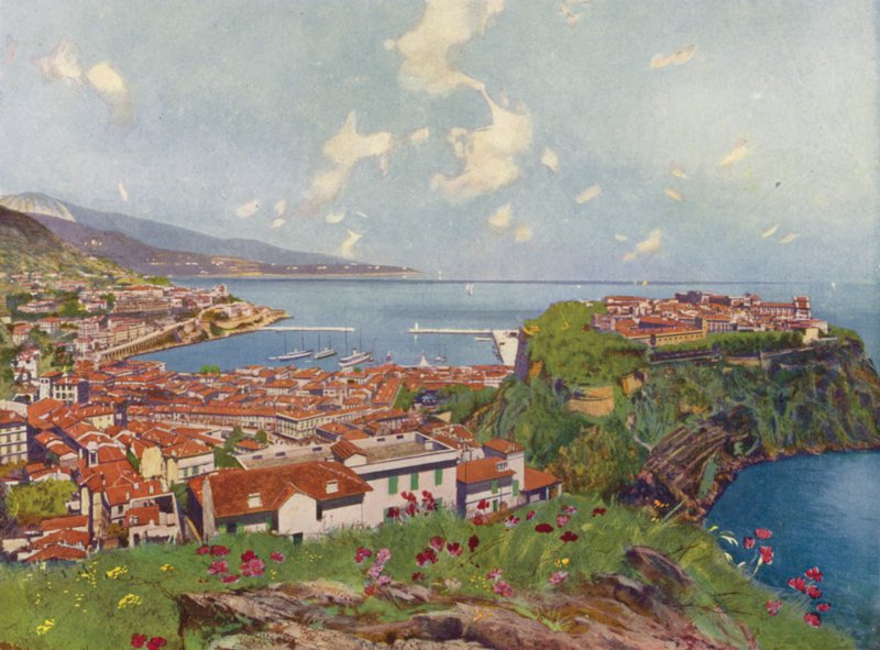 Monaco, la Rocca e la vista generale (litografia a colori) da European School