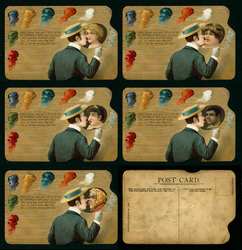 Cartolina pubblicitaria che mostra un uomo che bacia cinque ragazze diverse (litografia a colori) da European School