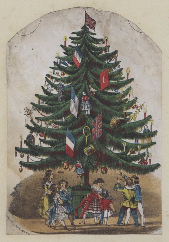 Persone sotto un albero di Natale, cartolina di auguri da European School