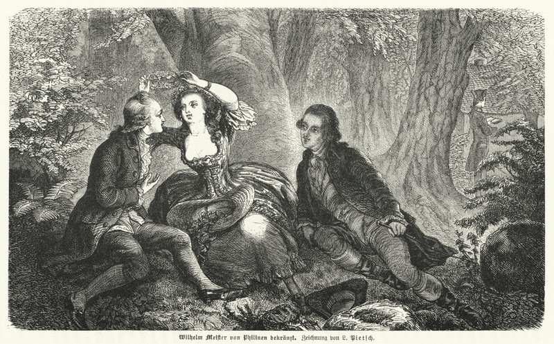 Philinen che incorona Wilhelm Meister con una corona: scena dal romanzo di Johann Wolfgang Goethe Wilhelm Meisters Lehrjahre (incisione) da European School