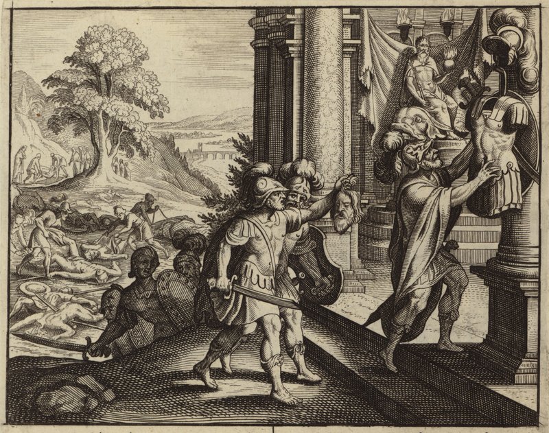 I Filistei mettono la testa di Saul nel tempio del loro dio Dagon (incisione) da European School