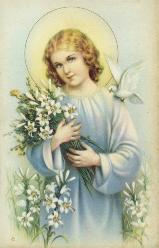 Santo con colomba e fiori (litografia a colori) da European School