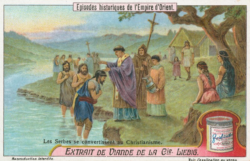 Serbi convertiti al cristianesimo, carta Liebig, inizio XX secolo (cromo) da European School