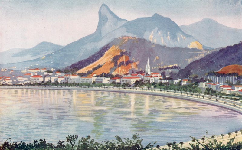 La parte di Botafogo del viale della Baia di Rio, sovrastata dal monte Corcovado (litografia a colori) da European School