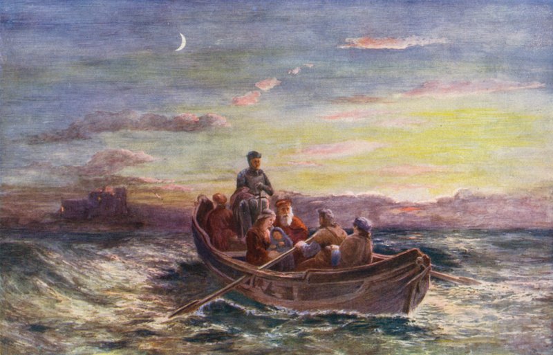 La fuga di Maria, regina di Scozia, dal castello di Loch Leven (litografia a colori) da European School