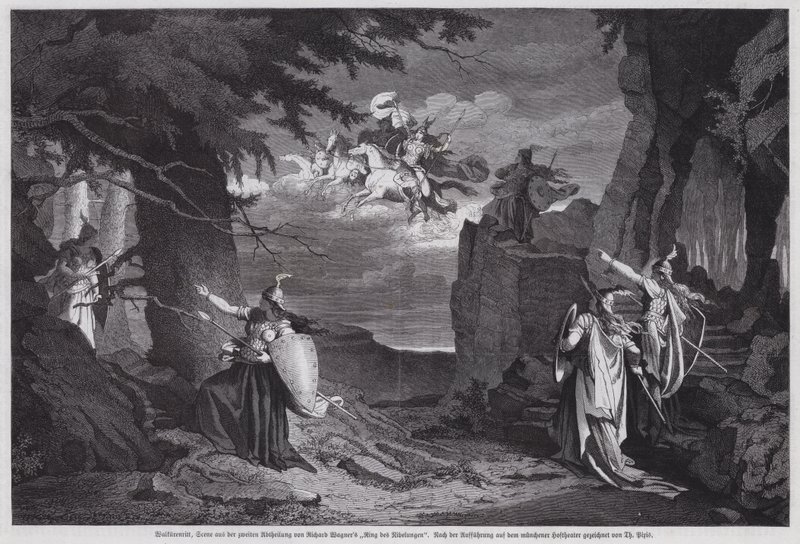 La cavalcata delle Valchirie, scena da Die Walkure, la seconda opera di Der Ring des Nibelungen di Richard Wagner, eseguita al Teatro Nazionale, Monaco da European School