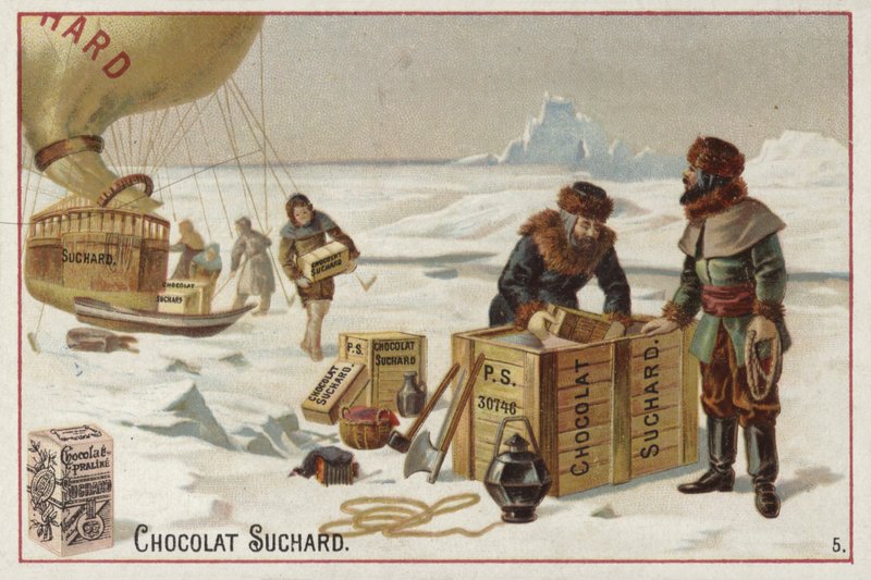 Scarico di casse di cioccolato Suchard da un pallone nell