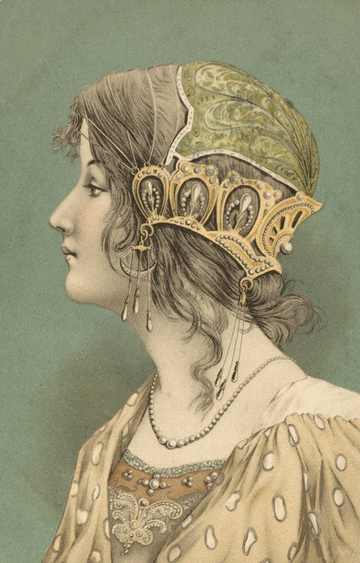 Donna con cappellino (litografia a colori) da European School