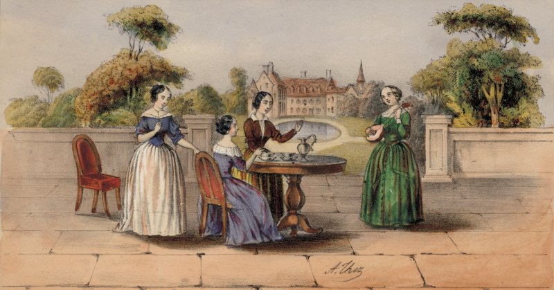 Donne che bevono tè o caffè nel giardino di una casa di campagna da European School