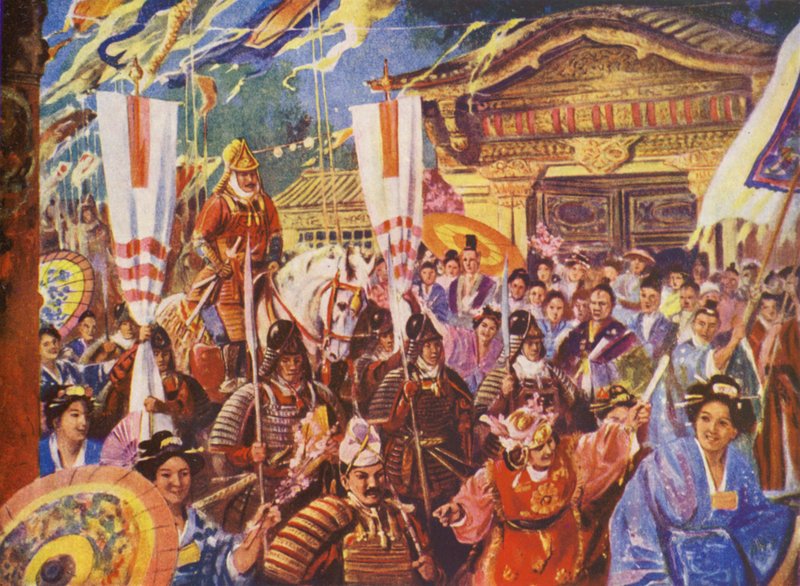 Yoritomo diventa shogun, 1192 d.C. (litografia a colori) da European School