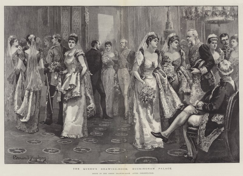 La sala del disegno della Regina, Buckingham Palace, scena nella sala verde dopo la presentazione da Everard Hopkins