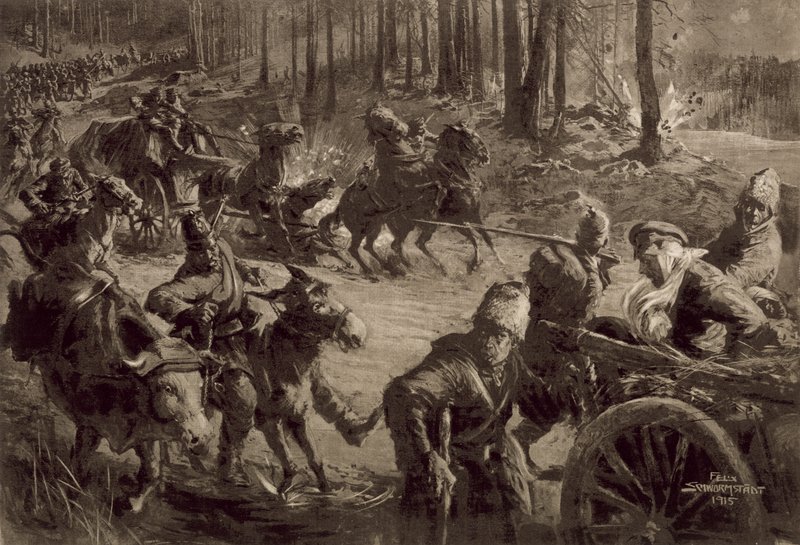 Truppe tedesche con bottino di guerra e prigionieri e bestiame catturato da Felix Schwormstadt