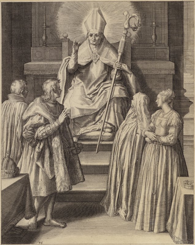 Figura in abiti episcopali seduta in trono con un