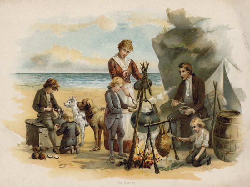 Scena da La famiglia Robinson svizzera: ora di cena dopo la prima spedizione da Florence Maplestone