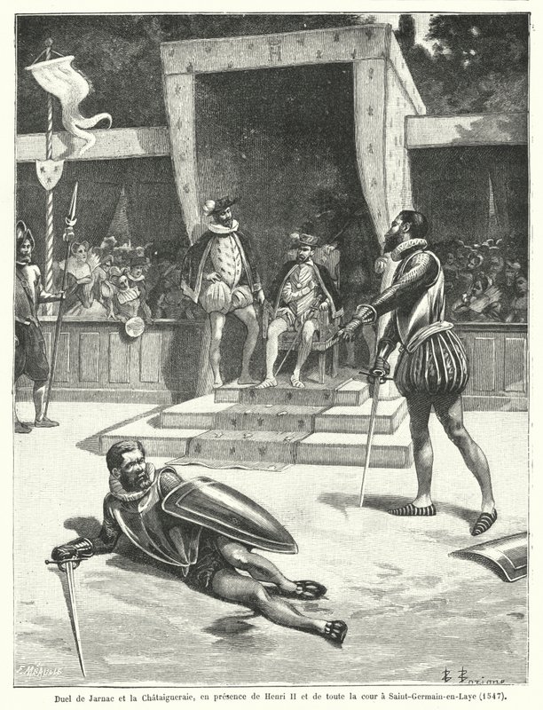 Duello tra Guy Cabot de Jarnac e François de Vivonne, Signore de la Chataigneraie davanti a re Enrico II di Francia e tutta la sua corte a St Germain-en-Laye da Fortune Louis Meaulle