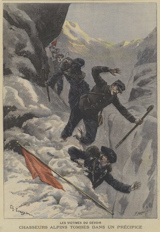 Truppe di Chasseurs Alpins francesi che cadono da un precipizio da Fortune Louis Meaulle