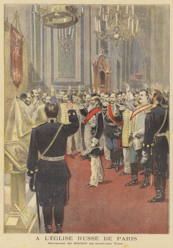 Giuramento di fedeltà al nuovo zar nella chiesa russa a Parigi da Fortune Louis Meaulle