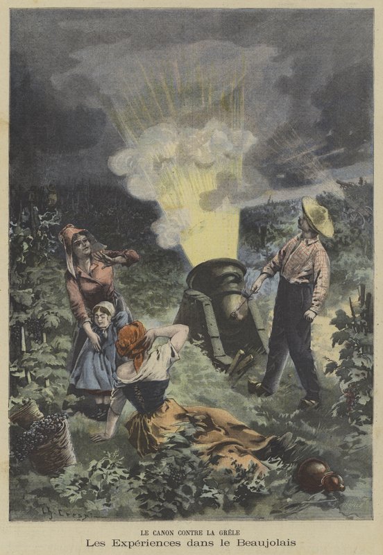 Uso di un cannone per proteggere un vigneto del Beaujolais dalla grandine da Fortune Louis Meaulle
