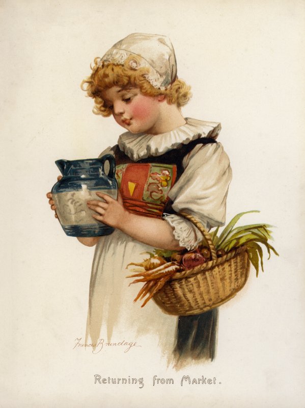 Ragazze: Ritorno dal mercato (litografia a colori) da Frances Brundage