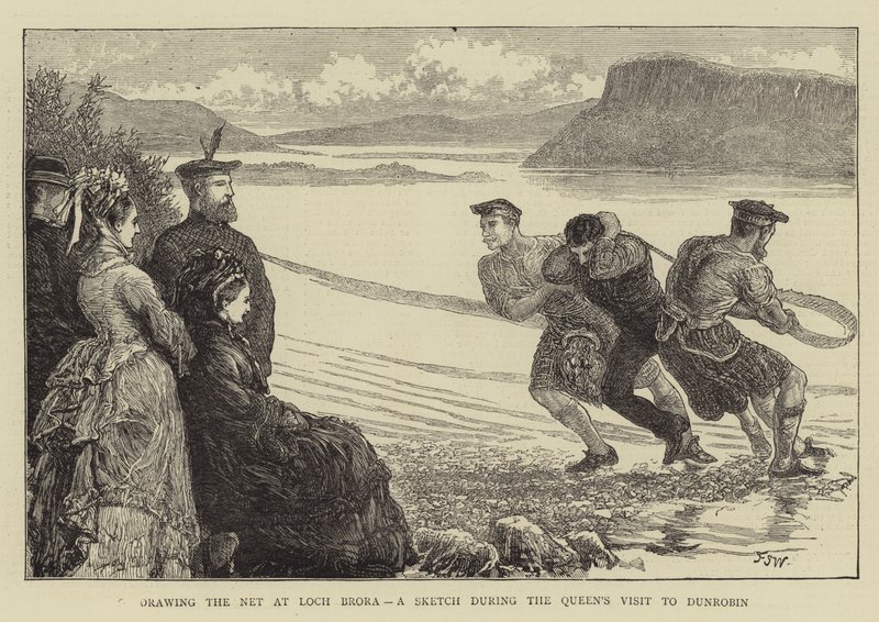 Tirare la rete a Loch Brora, uno schizzo durante la visita della Regina a Dunrobin da Francis S. Walker