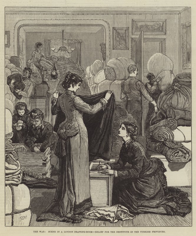 La guerra, scena in un salotto londinese, soccorso per i bisognosi nelle province turche da Francis S. Walker