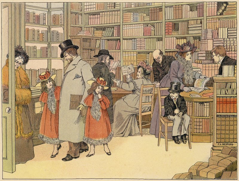 Libro dei negozi di Bedford: Libraio (litografia a colori) da Francis Donkin Bedford