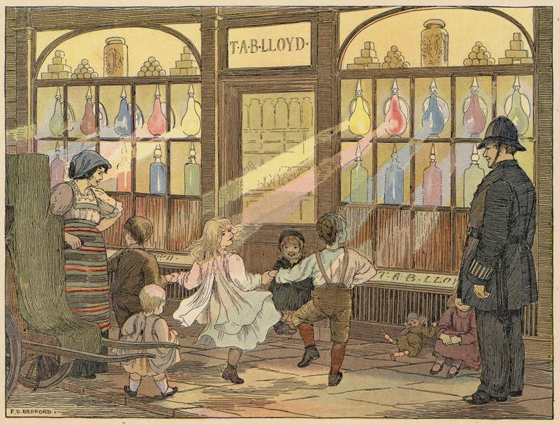 Libro dei negozi di Bedford: Farmacia (litografia a colori) da Francis Donkin Bedford