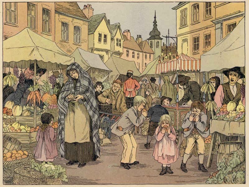 Libro dei negozi di Bedford: Bancarelle di frutta (litografia a colori) da Francis Donkin Bedford
