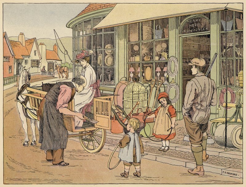 Libro dei negozi di Bedford: Ferramenta (litografia a colori) da Francis Donkin Bedford