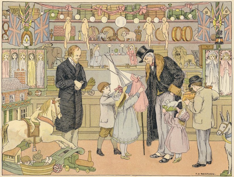 Libro dei negozi di Bedford: Negozio di giocattoli (litografia a colori) da Francis Donkin Bedford