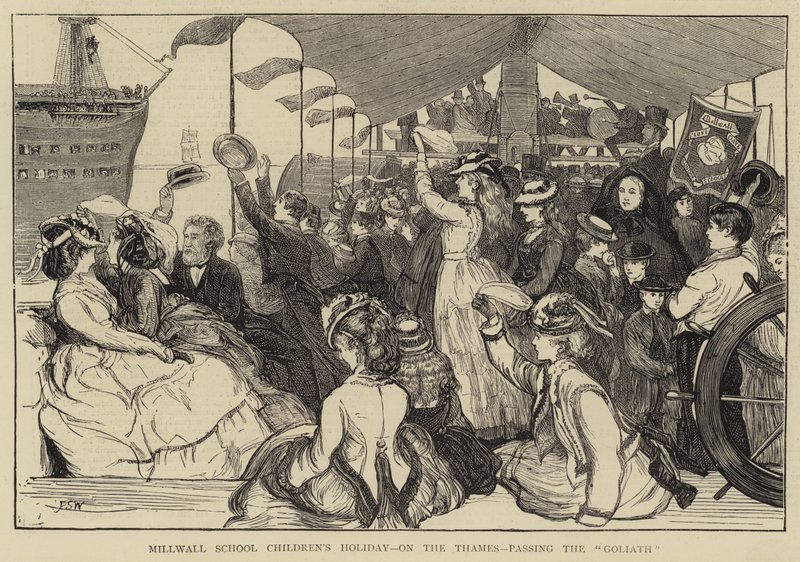 Vacanze dei bambini della scuola di Millwall, sul Tamigi, passando il Goliath da Francis S. Walker