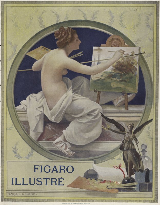 Una donna parzialmente nuda che dipinge a un cavalletto da Francois Flameng
