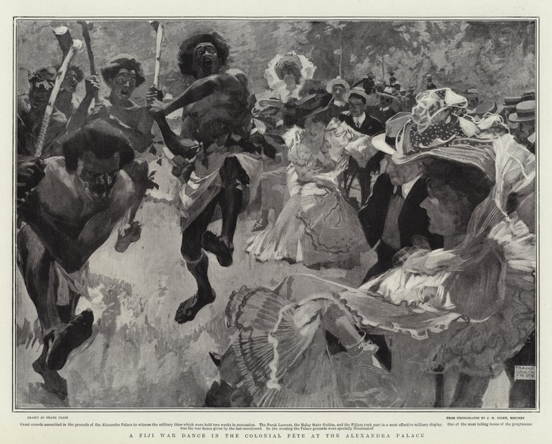 Una danza di guerra delle Fiji alla festa coloniale all