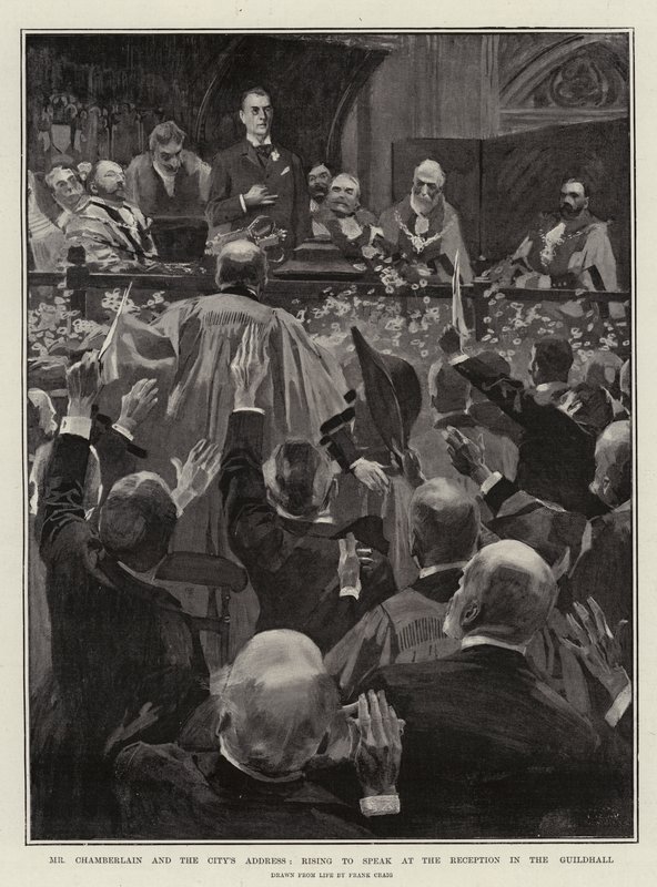 Mr Chamberlain e il discorso della città, in piedi per parlare alla reception nella Guildhall da Frank Craig