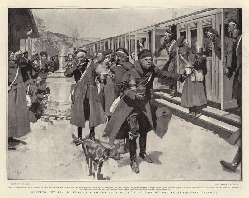 Distribuzione del Tè ai Soldati Russi a una Stazione di Sosta sulla Ferrovia Transiberiana da Frank Craig