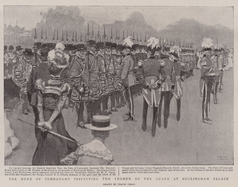 Il Duca di Connaught ispeziona gli Yeomen della Guardia a Buckingham Palace da Frank Craig