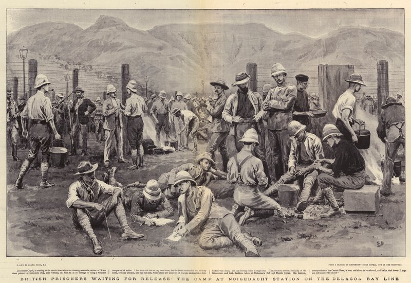 Prigionieri britannici in attesa di rilascio, il campo alla stazione di Noigedacht sulla linea di Delagoa Bay da Frank Dadd