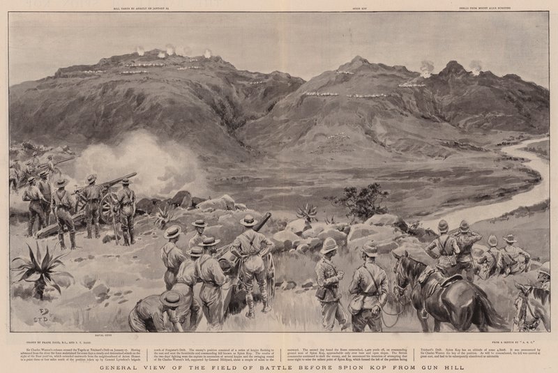 Vista generale del campo di battaglia prima di Spion Kop da Gun Hill da Frank Dadd