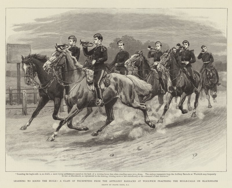Imparare a suonare il corno, una classe di trombettieri dalle caserme di artiglieria a Woolwich che pratica le chiamate del corno a Blackheath da Frank Dadd
