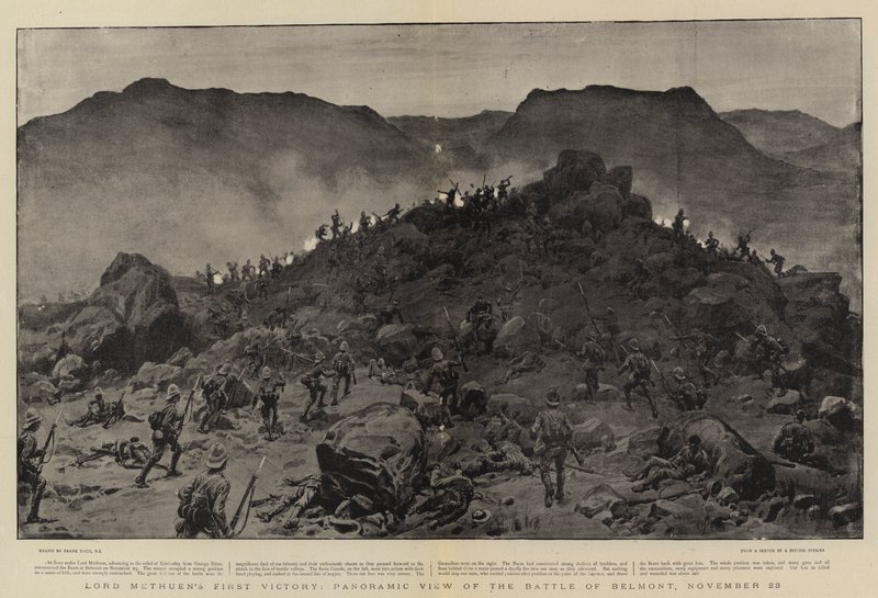 La prima vittoria di Lord Methuen, vista panoramica della battaglia di Belmont, 28 novembre da Frank Dadd