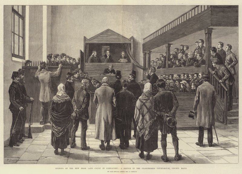 Apertura del nuovo tribunale irlandese della terra a Connaught, uno schizzo nel tribunale di Claremorris, contea di Mayo da Frank Dadd