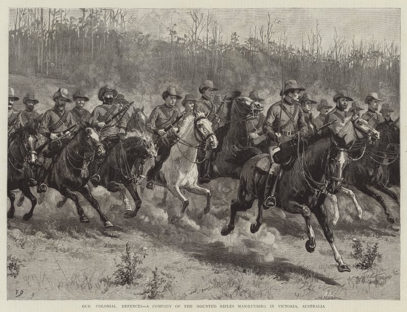 Le nostre difese coloniali, una compagnia di fucilieri a cavallo che manovra a Victoria, Australia da Frank Dadd