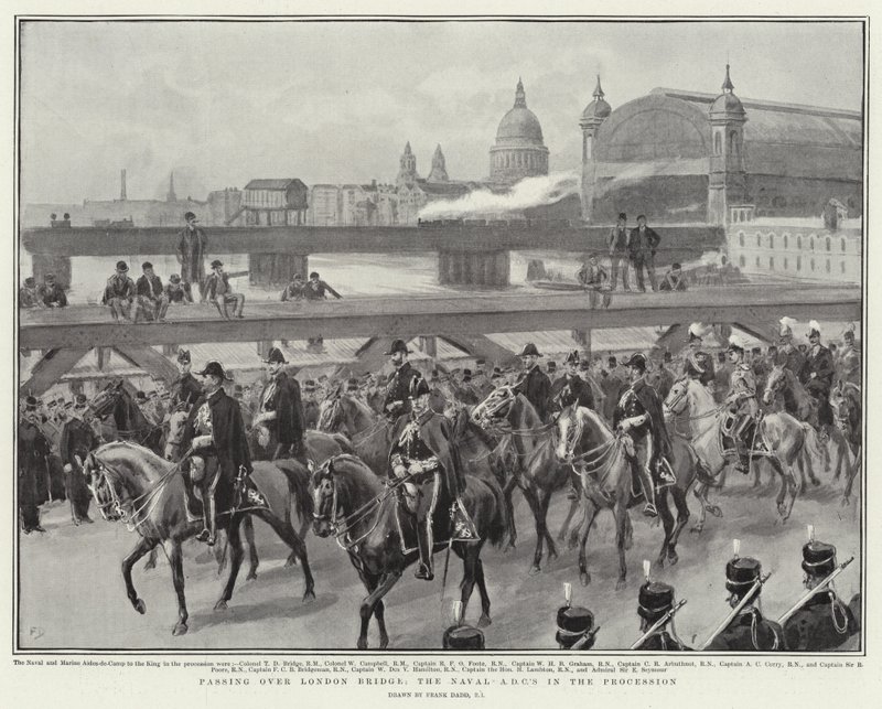 Passando sul London Bridge, gli ADC navali nella processione da Frank Dadd