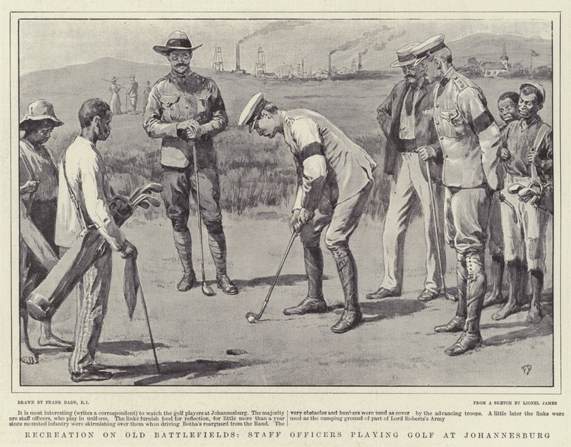 Ricreazione sui vecchi campi di battaglia, ufficiali di stato maggiore che giocano a golf a Johannesburg da Frank Dadd
