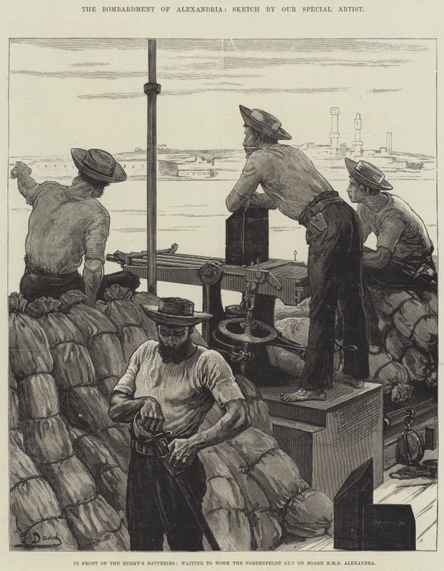 Il Bombardamento di Alessandria, di fronte alle Batterie Nemiche, in attesa di usare il Cannone Nordenfeldt a bordo della HMS Alexandra da Frank Dadd