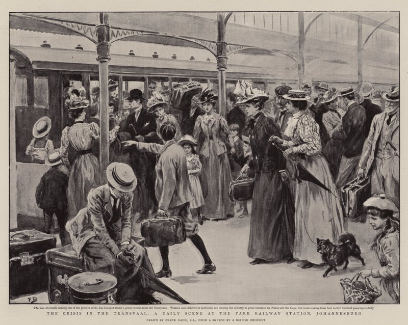 La crisi nel Transvaal, una scena quotidiana alla stazione ferroviaria del parco, Johannesburg da Frank Dadd