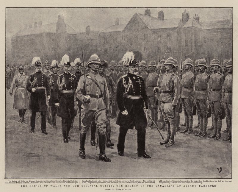 Il Principe di Galles e i nostri ospiti coloniali, la rassegna dei canadesi agli Albany Barracks da Frank Dadd