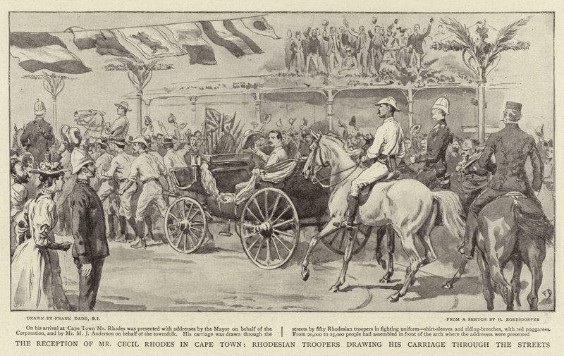La ricezione di Mr. Cecil Rhodes a Città del Capo, i soldati della Rhodesia che trainano la sua carrozza per le strade da Frank Dadd