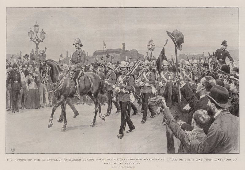 Il Ritorno del 1° Battaglione delle Guardie Granatieri dal Sudan, attraversando il Ponte di Westminster sulla Strada da Waterloo a Wellington Barracks da Frank Dadd